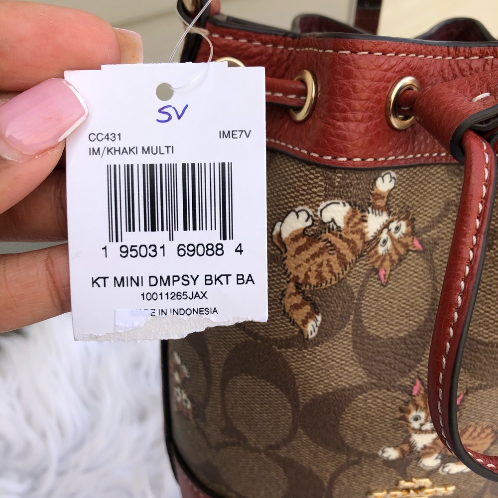 New 🎀 Coach Mini Dempsey Bucket Bag In Signature Canvas With Kitten Print Cat - Picture 10 of 15